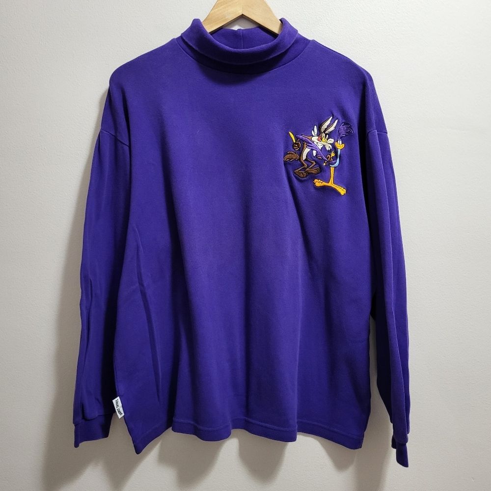 Vintage Acme Looney Tunes 1993 Roadrunner Coyote Embroidered Turtleneck XL